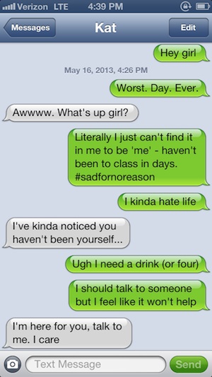 A screen shot of a text message conversation describing mental health.